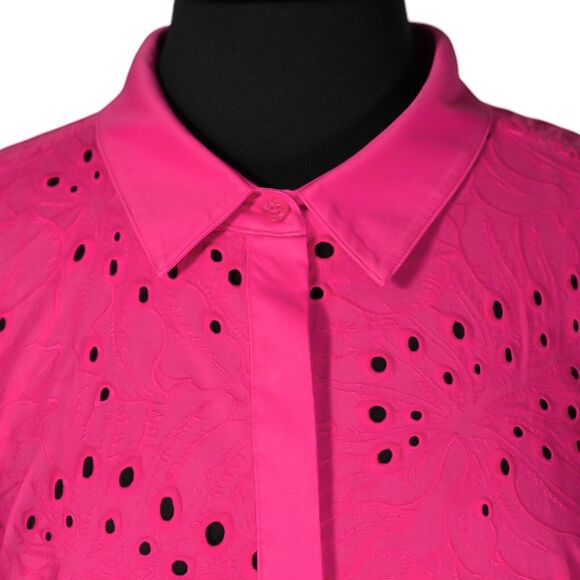 Chico's Women's Shirt Button Up Pink Floral Eyelet Puff Sleeve Top 4 US XXL/20 - Picture 4 of 9